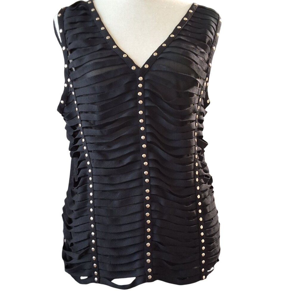 Y2K Metric Black Knit Semi-Sheer Studded‎ Lazer Cut Sleeveless Tank Sz L Moto